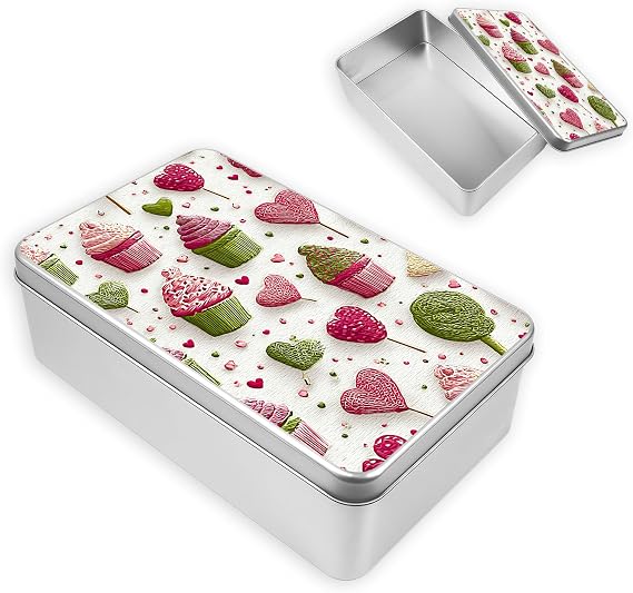 Metal Tin Box with Lid, Square Storage Container for Game Cards, Candles and Crafts, Decorative Tin Organizer and Gift Box for Home, Kitchen and Office,Sweet Delights
