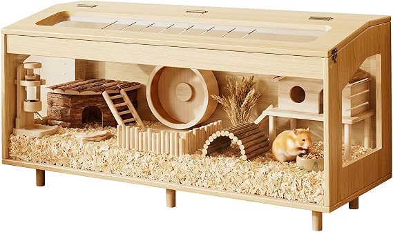 EXPERLAM Wooden Hamster Cage 100 cm, 50 cm Tall Large Small Animal Habitat with Openable Mesh Top, Chew-Resistant Acrylic Panels and Removable Floor Panel, Wood Enclosure for Gerbils (100*40*50 cm)