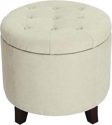 Joveco Round Storage Ottoman, Upholstered Button Tufted Ottoman with Removable Lid, Footrest for Living Room Bedroom Cream