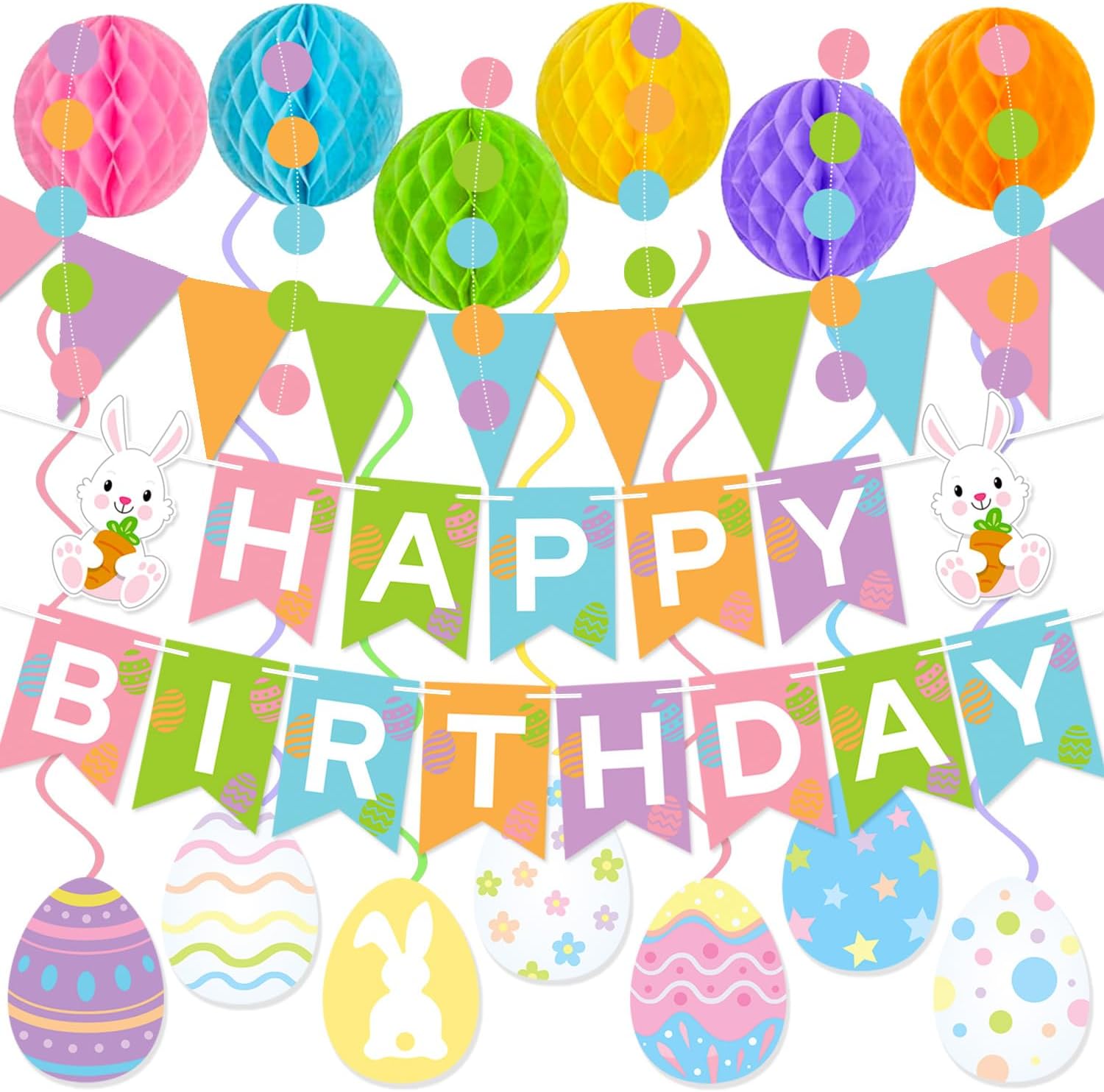 Easter Birthday Party Decorations Bunny Happy Birthday Banner Honeycomb Ball Eggs Swirl Streamers for Happy Easter Spring Home Birthday Party Decorations