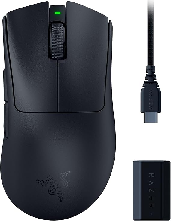 Razer DeathAdder V3 Pro + Razer HyperPolling Kablosuz Adaptör - Ultra Hafif Kablosuz Ergonomik Esports Mous (63g, Focus Pro 30K Optik Sensör, Optik Fare Anahtarları Gen-3) Siyah