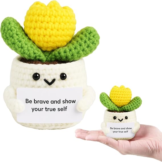 Funny Potato Doll With Positive Card, Mini Plush Knitted Wool Doll Positive Crochet Succulent Tulip Gifts Emotional Support Gift for Kids Adults