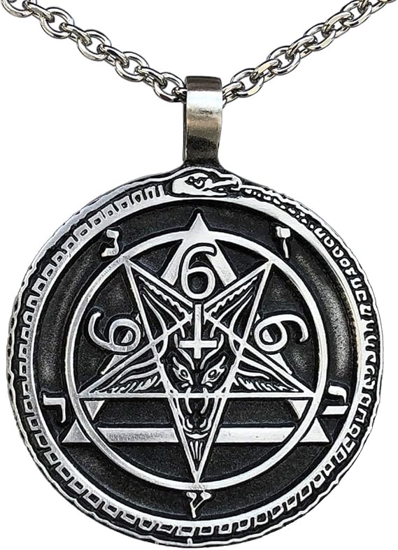 Church of Satan Jewelry Ouroboros Baphomet 666 Lucifer Inverted Magic Pentacle Pentagram Star Medallion Pewter Men's Pendant Necklace Lucky Charm Protection Amulet Safty Talisman Stainless Steel Chain