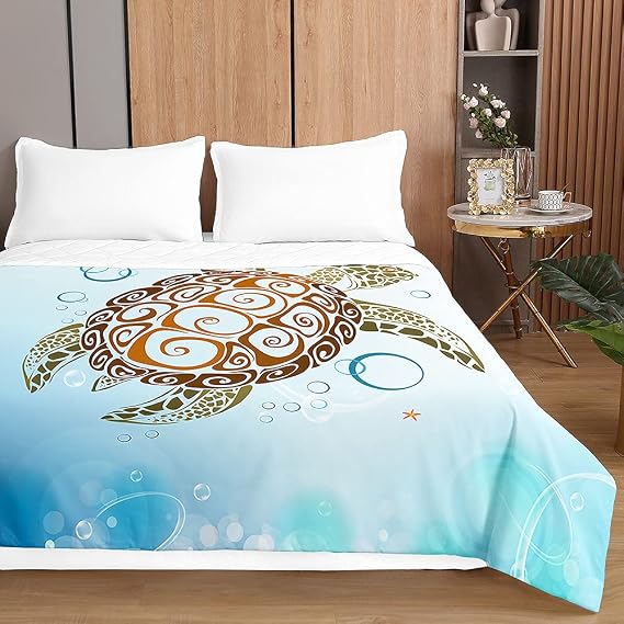Highdi Reversible Bed Throws Quilted Bedspreads, Ocean Print Lightweight Patchwork Quilt Comforter Single Double, Cotton Throw Summer Quilt, Quilted Blanket for Seasons (Light Blue,100x150cm)