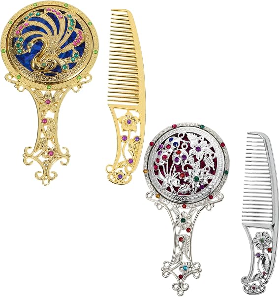 1 Set Comb Set Portable Makeup Mirror Foldable Comb Round Comb Handheld Cosmetic Mirror Cosmetic Handle Mirror Pocket Comb Mirror Alloy Glass Silver Retro Mirror Vanity Mirror Cute