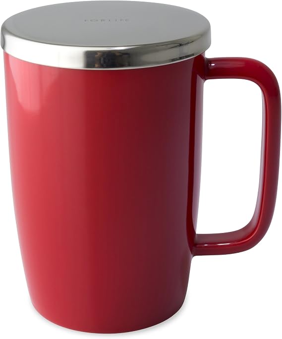 FORLIFE Dew Glossy Finish Brew-In-Mug with Basket Infuser & "Mirror" Stainless Lid 18 oz., Red