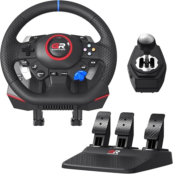 Gamrombo Steering Wheel for PS5/PS4/PC, 270°/900° Rotation, Dual Vibration, RGB, 28cm/11in Hand Stitched Leather & 3-Pedal & 6-Speed Shifter, Hall Sensor, Prog Buttons, Quick-attach Desk Clamp