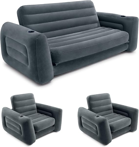 Intex Inflatable Pull-Out Sofa Bed with 2-Pack Lounge Chair and Ottoman Set | 66552EP Convertible Queen Airbed and 66551EP Portable Lounger for Bedroom, Dorm & Living Room (Pump Not Included)