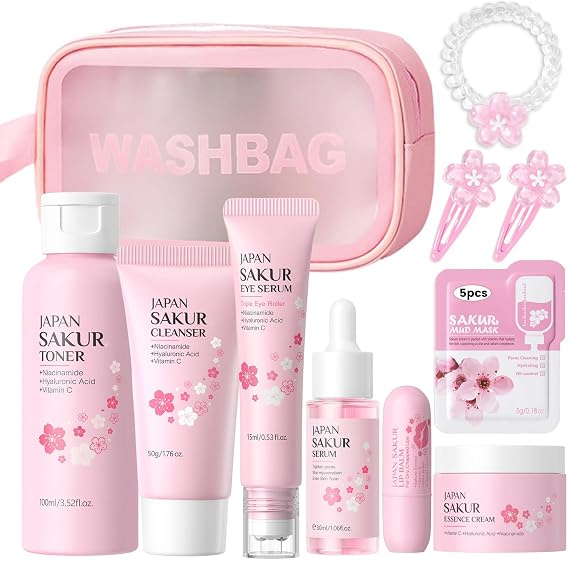 Skin Care Set, Gift Sets Skin Care Kit for Teenage Girls - JAPAN Cherry Blossom Skincare Sets Cleanser, Toner, Serum, Face Cream, Travel Kit for Women Kids Teenagers(15pcs)