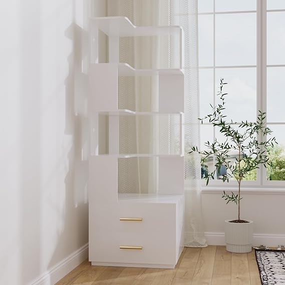66.9" L-Shaped Corner Bookshelf with Shelves & Drawers,Display Stand,White | 90 Corner Design Maximizes Space Utilization.Open Shelves + Bottom Drawers with Metal Handles.Anti-tip Device for Stability.