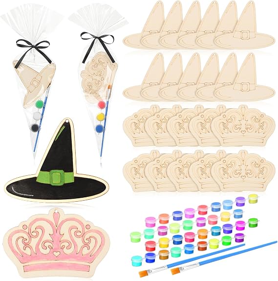 VioraWhite 24 Set Paint Your Own Witch Princess Party Favors Pink and Green Party Supplies Witch Hats Princess Crowns DIY Wood Painting Craft Kit Color Your Own Arts Crafts Kit for Birthday Gift