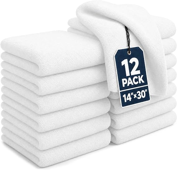 HUINI Microfiber Salon Towels, White, 12 Pack, 14 x 30 in | Microfiber Material, Plush Soft Touch, Highly Absorbent, Fast Dry, Hair, Hand, Gym, Beauty, Spa, Home