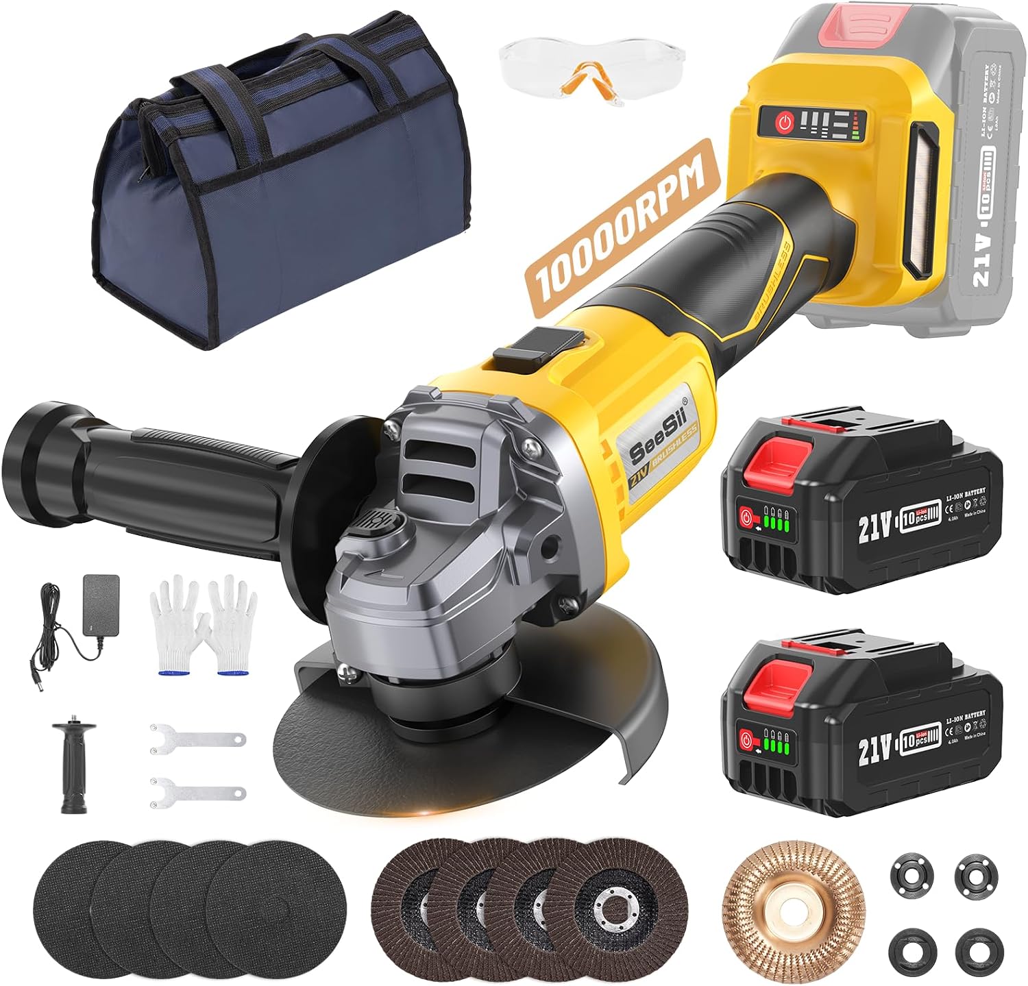 SEESII Cordless Angle Grinder Kit -2x 4.0Ah Batteries, 10,000RPM Brushless Electric Metal Grinder w 4-12 Cutting Wheels, Flap Wheels, and Wool Carving Wheel for Precision Cutting & Grinding,AG0200S