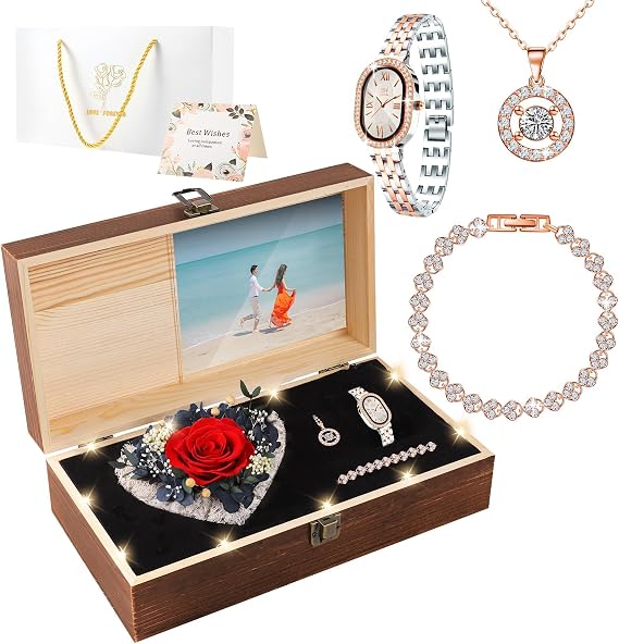 Valentines Day Birthday Gifts for Women, Preserved Roses with Necklace Watch Bracelet - Luxurious Elegance Gifts for Women, Wife, Girlfriend, Mom, Grandma, Her on Birthday, Anniversary
