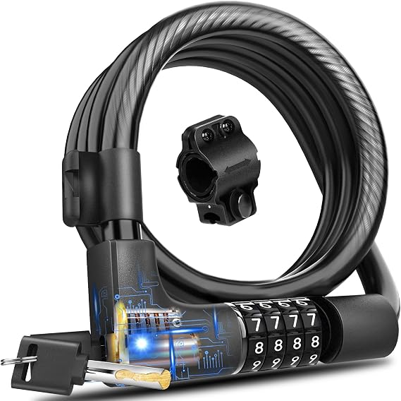 KEYSTP 4-Digit Bike Lock Cable with Key, 12mm, Resettable Anti-Theft
