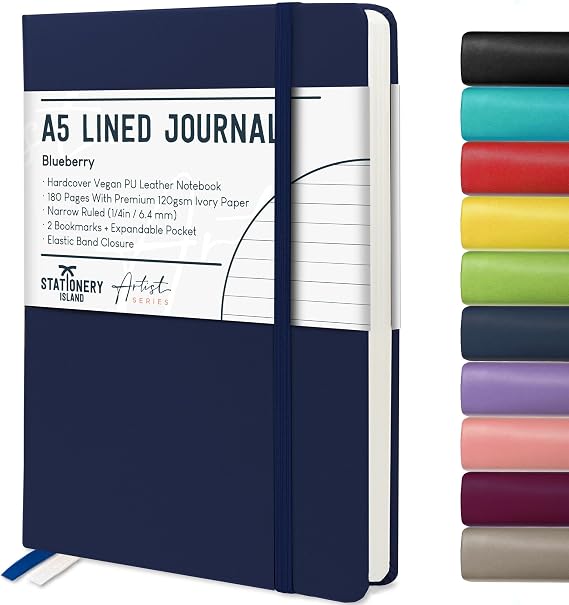 STATIONERY ISLAND A5 Lined Notebook, Journal Lined Hardcover with 120gsm Premium Thick Paper, 180 Pages Hardback Ruled Note book for Writing, Working, Study, Blueberry