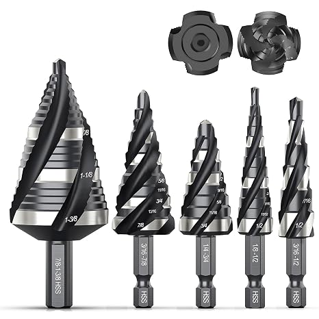 THINKWORK 5Pcs HSS Step Drill Bit, 4 Spiral Flute Unibit for Metal-59 Steps