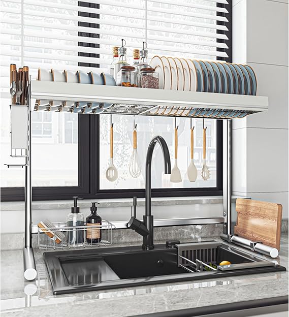 Dish Rack, Kitchen Counter Storage Shelf Supplies, Multifunctional Sink Storage, Space Saver Desktop Drain Rack, Single/Double Layer Frame for Dishes, Glasses, Bowls & Cutlery