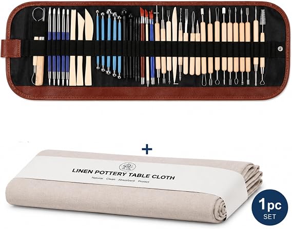 Clay Sculpting Tools & Linen Tablecloth Set, 44 Pcs Double Sided Polymer Clay Tools, Pottery Tools with Carrying Case, Pottery Clay Texture Tablecloth (60x40in) for Sculpting & Modeling