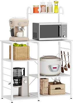 SDHYL Coffee Bar, 35 inch Bakers Rack Microwave Stand with 5 Storage Shelves and Hooks, Kitchen Shelves Organizers Racks, Microwave Table Coffee Station Table for Home Kitchen Bathroom, White