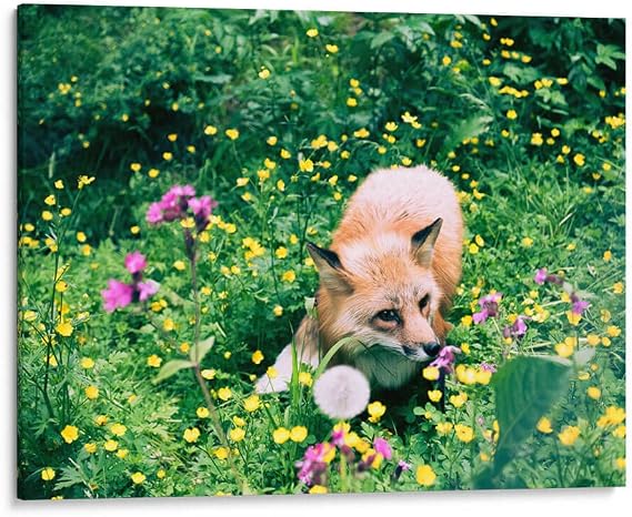 Canvas Lab | Fox in the Field | 16 x 12 in | Canvas Print Wall Art | Animals, Botanical, Floral, Nature, Nature and animals | Wall Decor for Bedroom, Living Room or Office