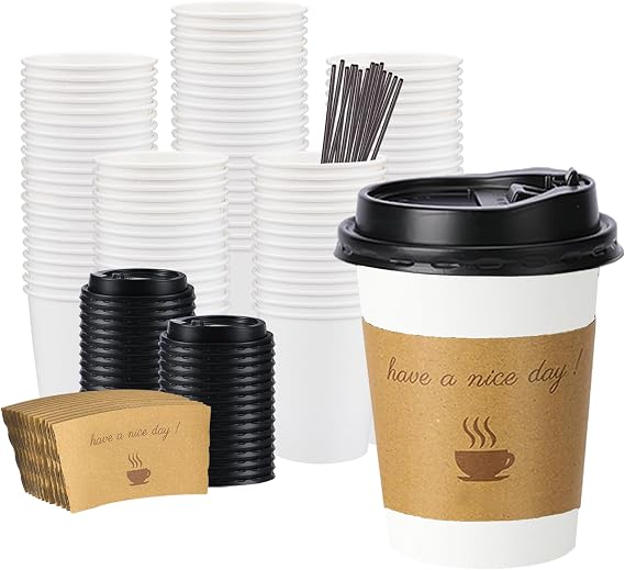 BYSNOW 100 pack 12 oz Disposable Coffee Cups with Lids Thickened Hot Cups