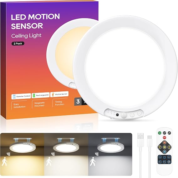 Rechargeable Motion Sensor Ceiling Light, 8000mAh Battery Operated Ceiling Lights with Remote, Magnetic Wireless Closet Light, 3 Color Dimmable LED Lights for Closet Shower Pantry Shed Hallway Stairs