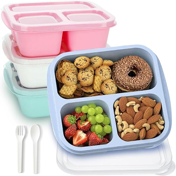 4 Pack Snack Containers, 4 Compartments Bento Snack Box, Reusable Meal Prep Lunch Containers for Kids Adults, Divided Food Storage Containers for School Work Travel (3 Compartments)