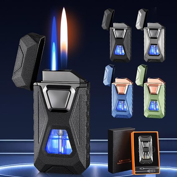 Voice Activated Dual Flame Lighter, USB Rechargeable Windproof Arc & Jet Flame Lighter with Visible Fuel Window, Refillable Butane Design, Smart Ignition Gift for Men (Matte Black)