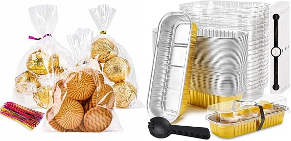 LOKQING Bundle of 100 PACK Cellophane Bags and 50 Pack Mini Loaf Pans