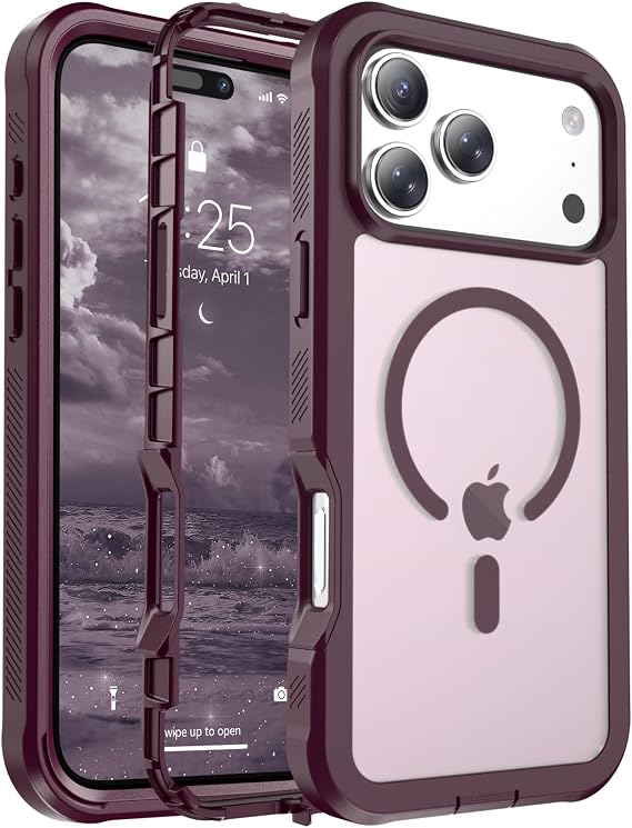 jaroco iPhone 17 Pro Max用磁気ケース、MagSafe対応軍用グレードの落下に対する保護高耐久保護滑り止め耐衝撃 2層耐久バンパーフォンケース6.9インチ-ワインレッド