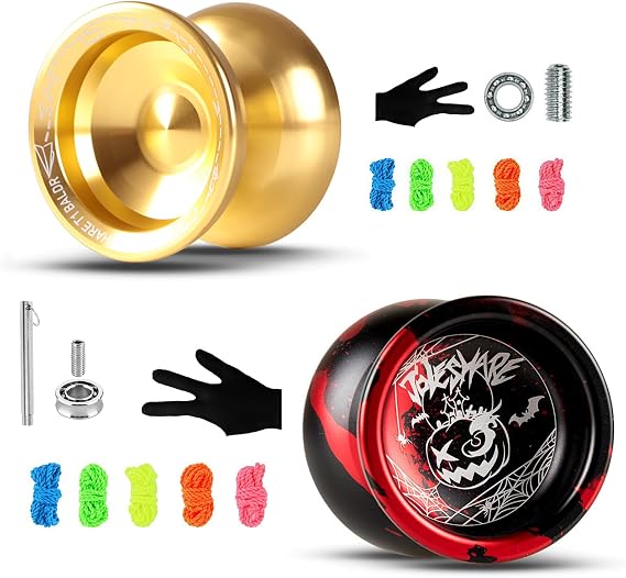 T1 Gold Aluminium Responsive/Unresponsive YoYo +X5 Red Black Professional Unresponsive YoYo with Extra Yoyo Accessories - Replacement Yoyo Strings