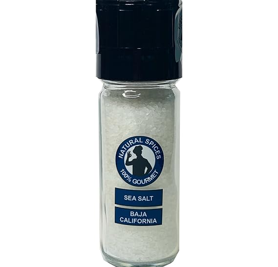 100% Gourmet Baja California Sea Salt Grinder (6 oz) Pacific Ocean Mineral Salt Natural & Unrefined Coarse Sea Salt for Cooking, Seafood & Finishing Refillable Glass Grinder