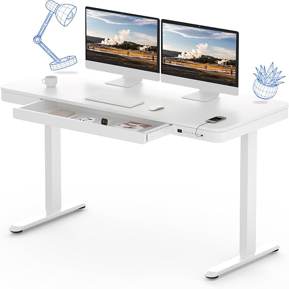 FLEXISPOT Q3 Standing Desk, Home Office Electric Height Adjustable Sit-Stand Desk with Drawer & Fast USB Chargers (White, 120 x 60 cm)
