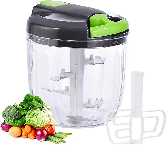 VegCuutPull & Chop Food Processor, Portable Multi-Function Manual Food Processors & Hand Chopper/Mixer/Blender for Veggies, Ginger, Fruits, Nuts, Herbs 900ml （Green）