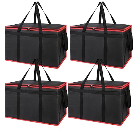 Bodaon 4-Pack Cooler Insulated Food Delivery Bag, Rideshare Delivery Bag, -Large Thermal Bags for Catering/Hot Pizza, Travel/Camping Essentials/Picnic/Grocery Reusable Warmer Frozen, Black-Red Edge
