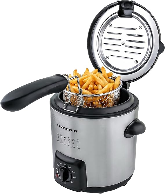 OVENTE Electric Deep Fryer, 0.9L Capacity, 840W, Silver FDM1091BR | Adjustable Temperature Knob, Locking Lid, Removable Frying Basket and Cool Touch Handle, Easy to Clean Stainless Steel Body