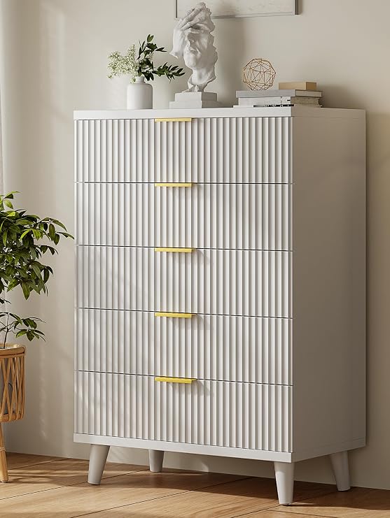 Wood Tall 5 Drawers Dresser, 27.6" W Fluted Modern Dressers for Bedroom