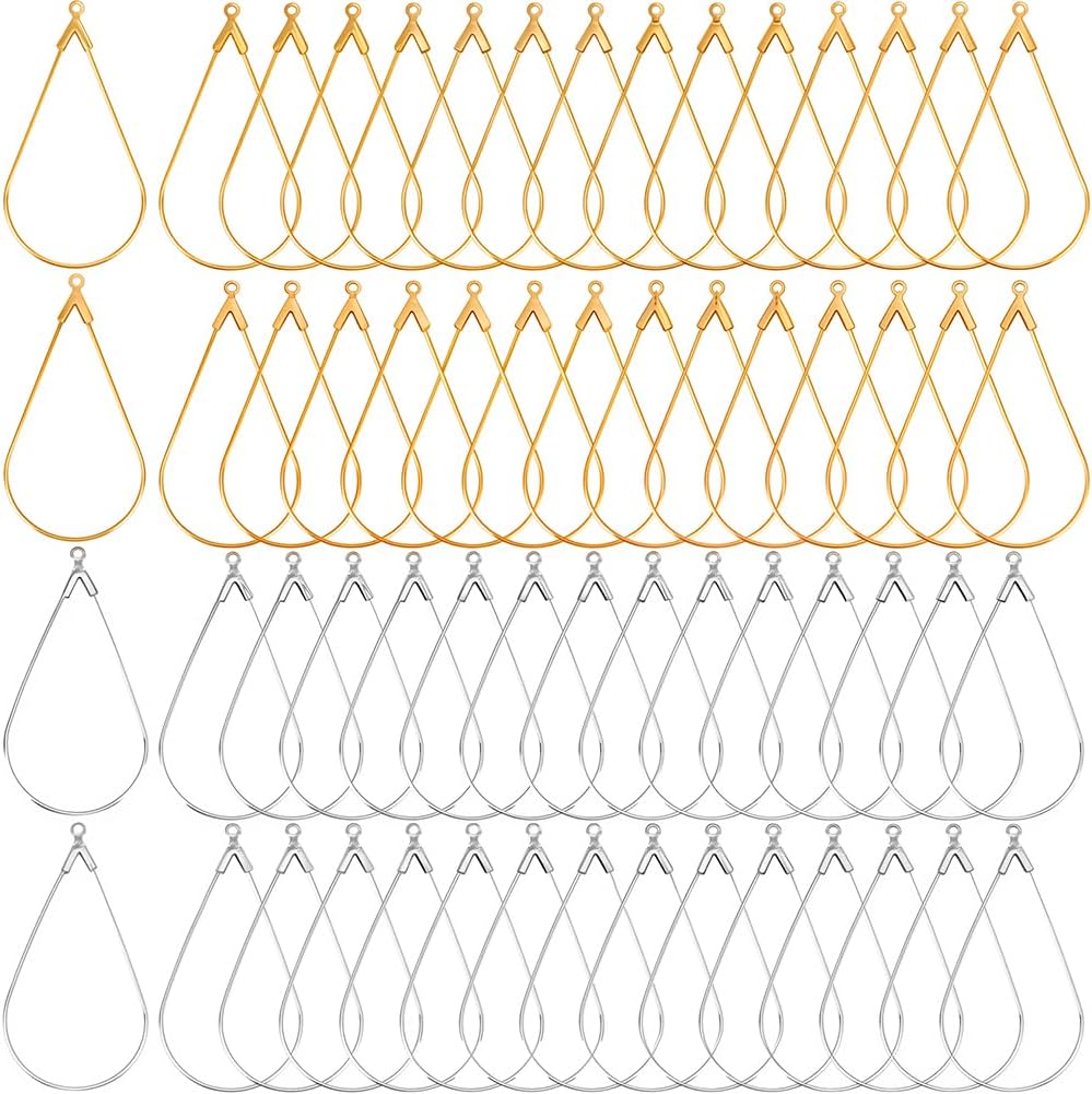1 Box 60Pcs Beading Hoop Earring Supplies Teardrop Beading Hoop Earrings Brass Wire Gold Silver Open Water Drop Charms Gold Findings for Jewelry Making Accessories DIY Crafts Decorative