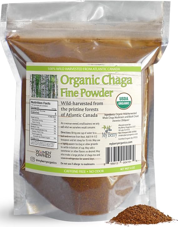 Organic Chaga Tea Fine Mushroom Powder by My Berry |100% Wild-Harvested from Atlantic Canada | 4oz | Herbal Tea | Raw Loose Powder | Additive-Free & Caffeine-Free