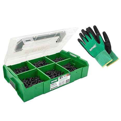 Spax L-BOXX Mini Blax Universal Screws and T20 Bits Pack of 800 Black Black countersunk screws for furniture construction and DIY - 6 dimensions including T-Star plus bits and work gloves