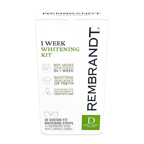 Rembrandt Deeply White + Peroxide 1 Week Whitening Kit, 28 Strips | Removes Tough Stains in 1 Week, Enamel-Safe Custom-Fit Strips, 14 Treatments