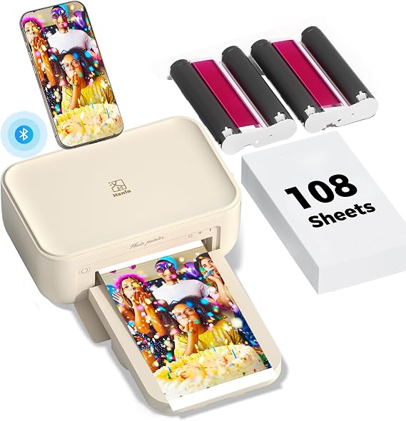 iDPRT 46 Photo Printer, Bundle 108 Sheets Photo Paper & 2 Ribbon Cassette, Photo Printer for iPhone & Android, Beige | Photo Printer for iPhone & Android, 300DPI High Clear Photos, with AR Video & ID Photo Editor APP, Portable, for Gifts