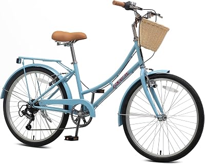 ACEGER 24 26 Inch Women Comfort Bike, Single Speed and 7 Speed, Adult City Bike with Basket and Rear Rack, Hi-Ten Steel Frame with Adjustable Handlebar and Saddle, Multiple Colors
