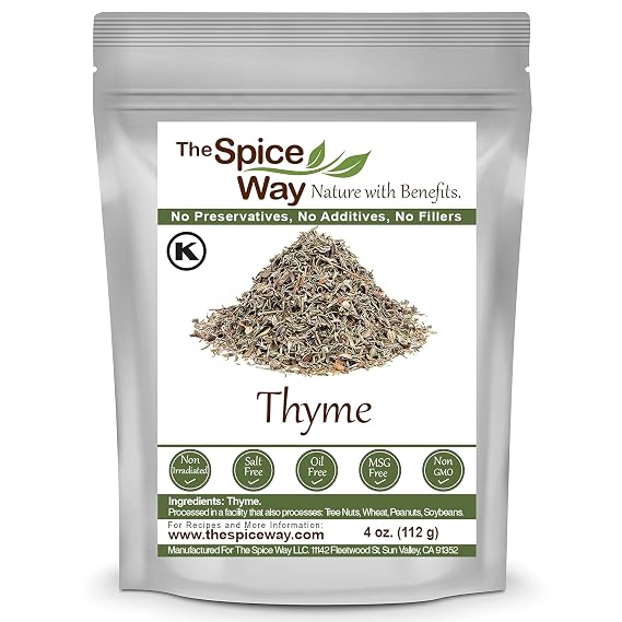 The Spice Way Thyme Leaves - (4 oz) packaged fresh | Thyme leaves for visible texture, infusions, soups, stews, beans and roasted foods; Kosher Certified; Resealable Bag