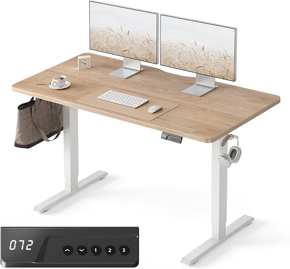 FEZIBO 55 x 24 Inchs Electric Standing Desk, Height Adjustable, Sit Stand Up, Computer Office Desk with Splice Board, White Frame/Maple Top
