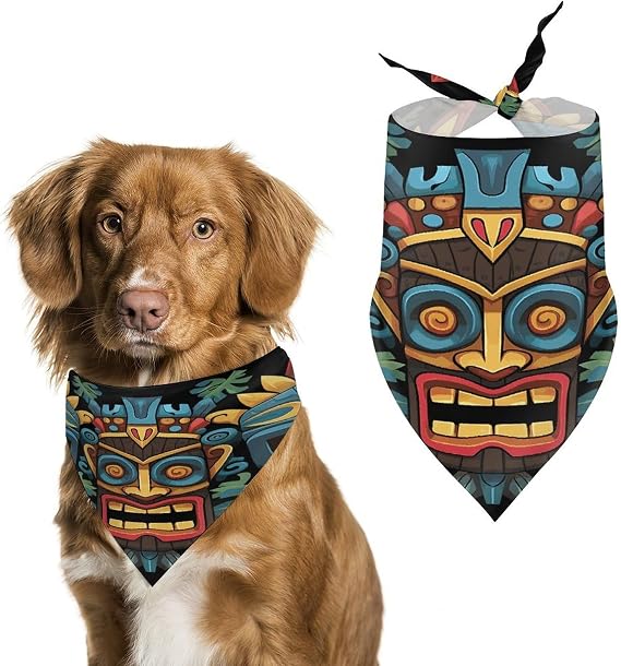 Colorful Tiki Mask Pattern Pet Scarfs Funny Adjustable Cat Scarves Washable Decorative Pet Triangle Bibs Bandanas for Medium Dog Pets for Pet Daily Wear Parties Modeling