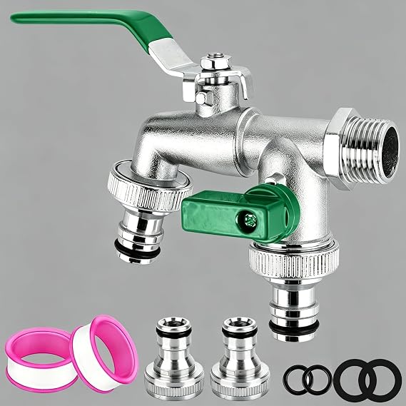 Brass Double Garden Tap,Universal1/2 Inch Dual Outlet, Outdoor Water Tap, Rust and Frost Resistant + 4 Hose Connectors, Water Faucet Outside Tapfor Garden Patio & Lawn