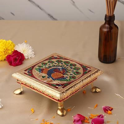 Purpledip Small Wooden Stand Stool Chowki with Exquisite Meenakari Painting for Placing Statues, Idols, 5.5 x 5.5 inch 10204