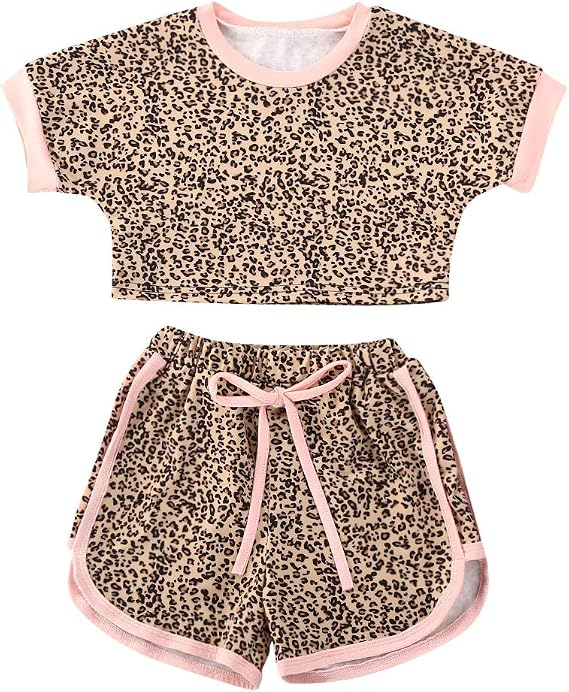 Toddler Baby Girl 2Pcs Summer Outfit Cartoon Dinosaur Short Sleeve T-Shirt Crop Top + Ruffle Shorts